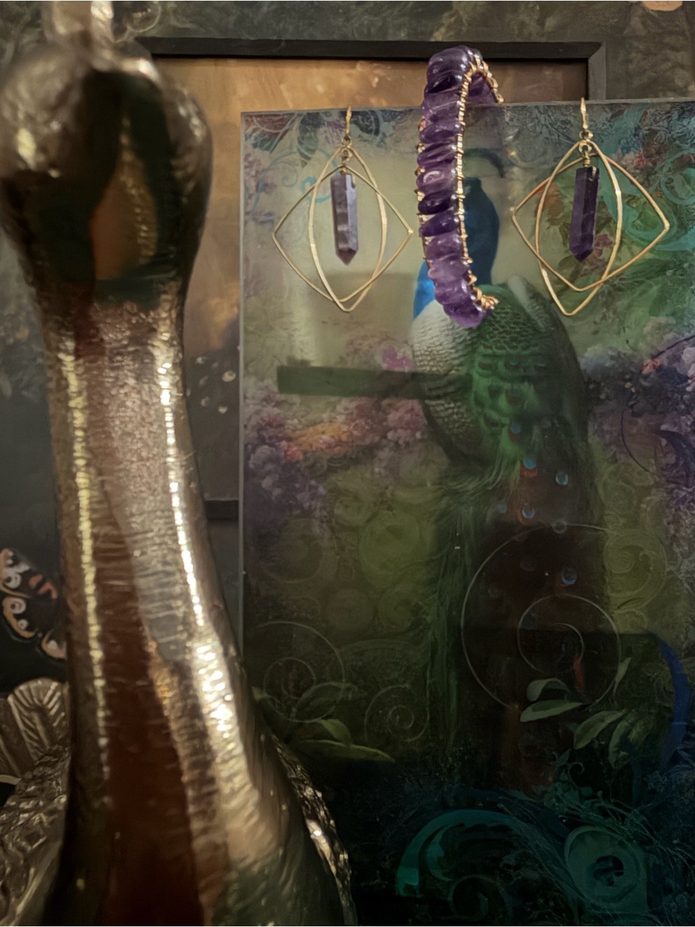 Purple Crystal Hoop Earrings and Pendant Set